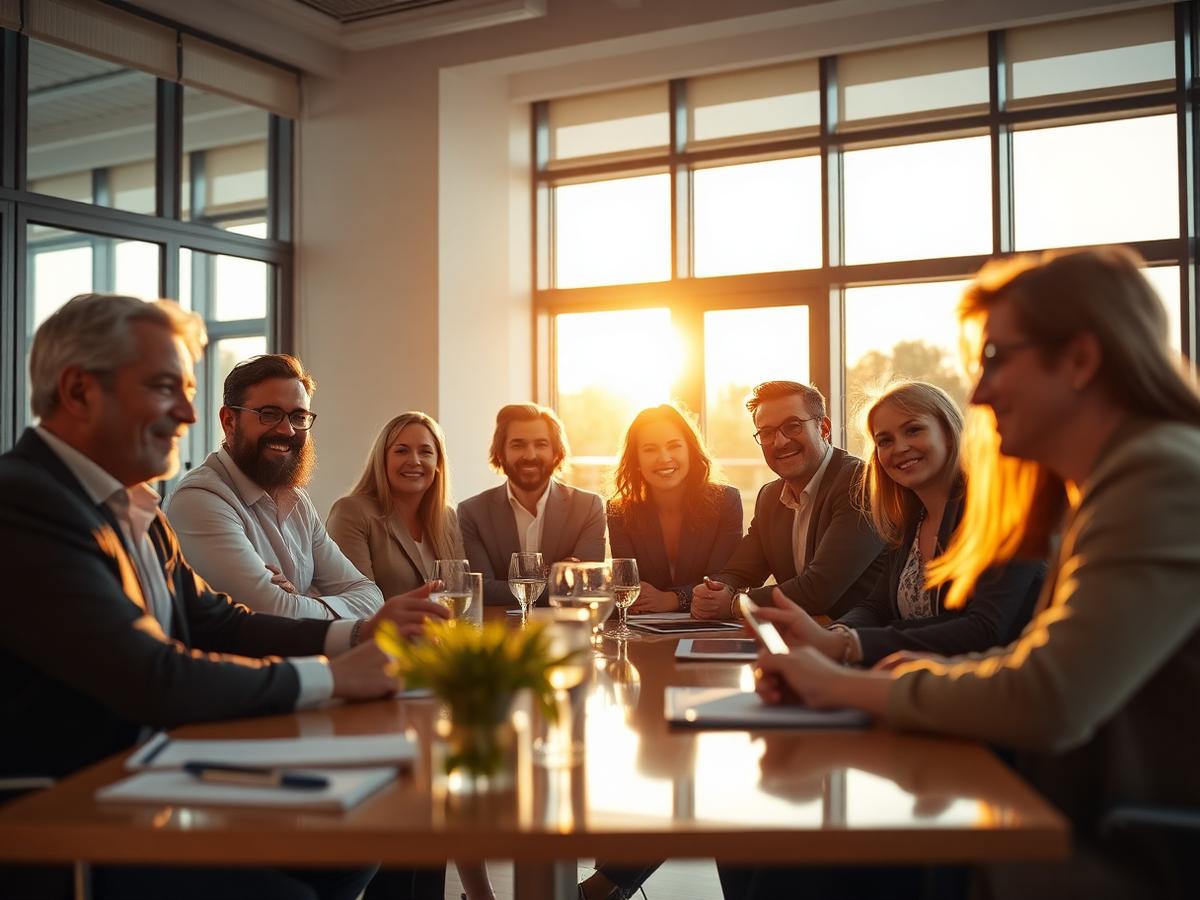 Irish leisure business owners meeting around a table in warm morning light