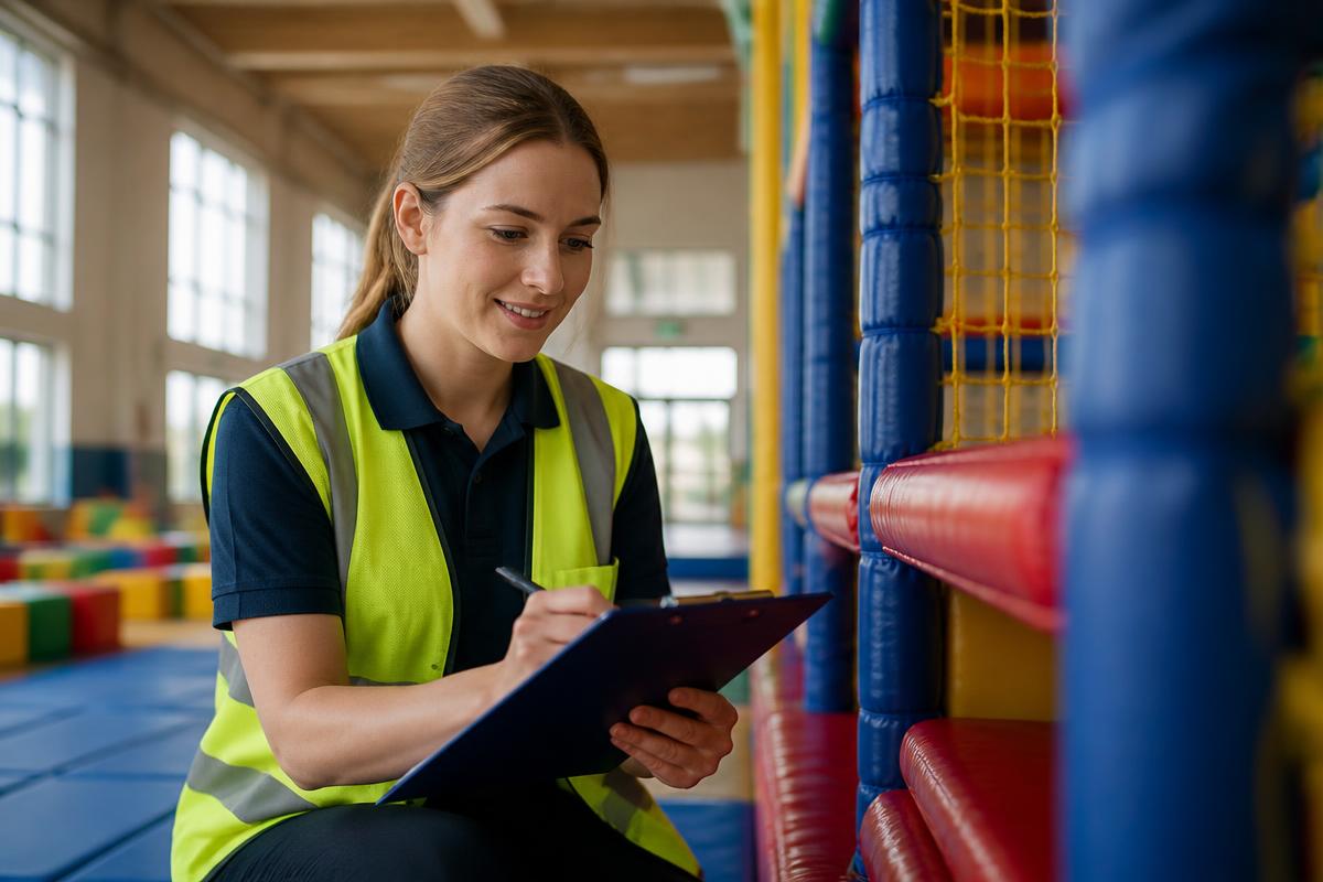 A staff member performing a safety inspection in an indoor activity centre