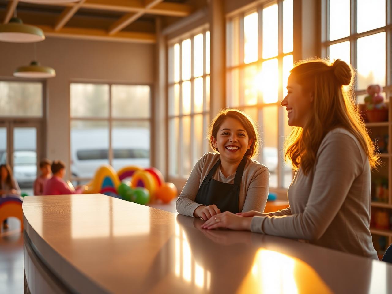 Play centre owner welcoming a parent at a bright reception desk