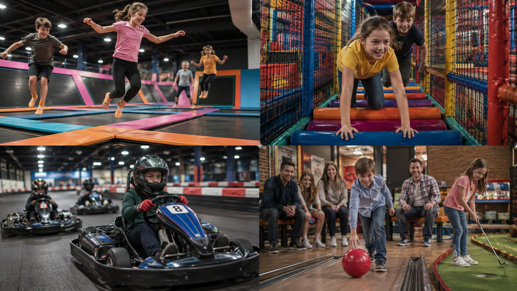 Children enjoying trampolines, soft play, karting and bowling at Irish activity centres