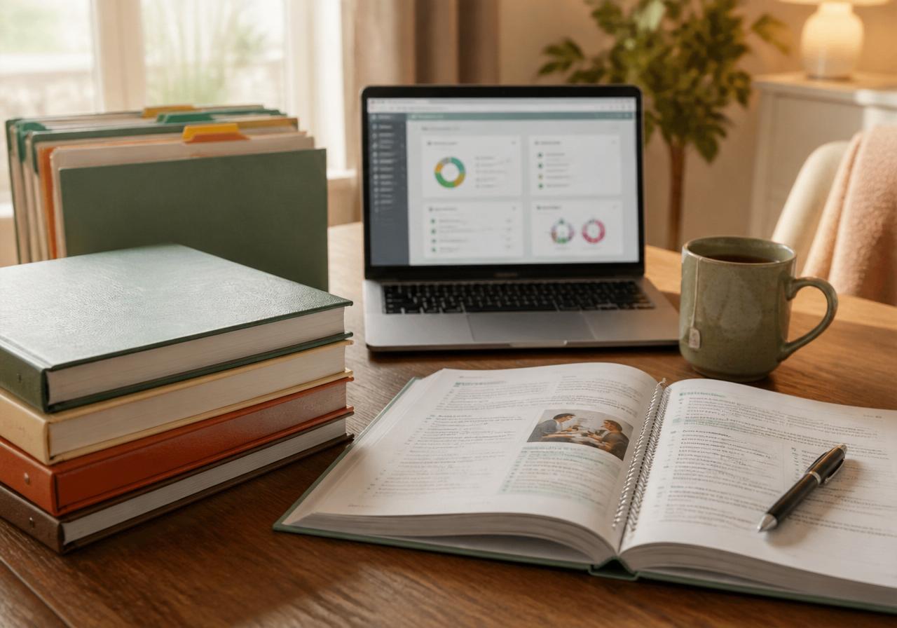 Illustrated stack of colourful books, graduation cap and checklist representing learning resources